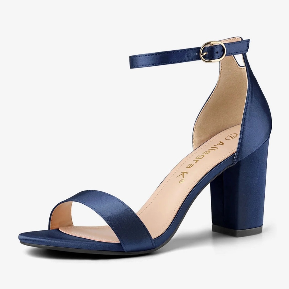 Allegra K Navy Blue Satin Block Heel Sandals